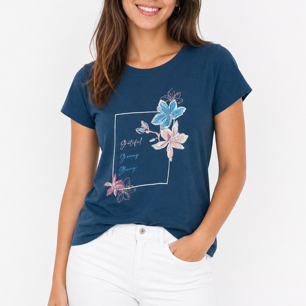 Honey Womens Teal Blue Floral Grateful Growing Glowing Graphic Tee Size M Cotton